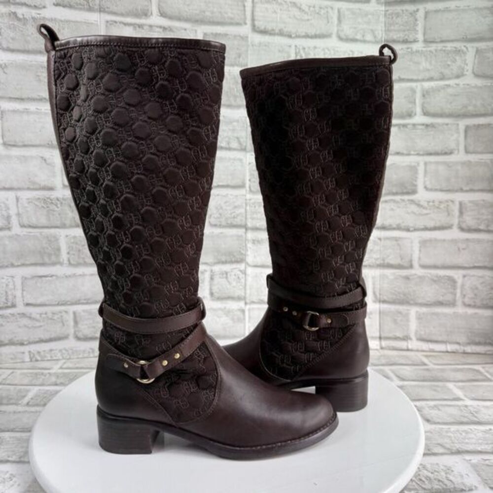 ETIENNE AIGNER E-Cailyn Monogram Quilted Brown Leather Riding Boots Size 6. 5